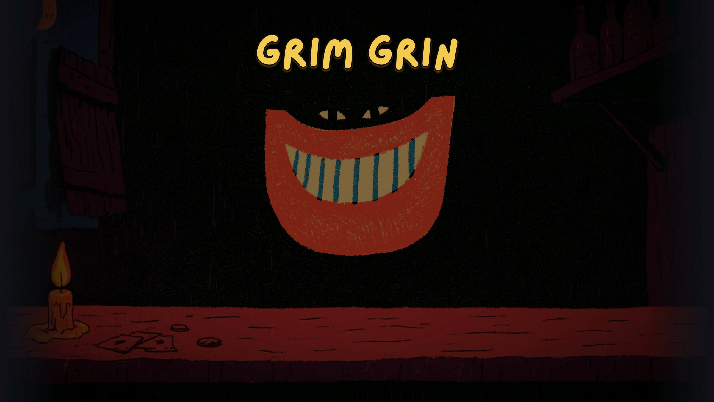 Grim Grin — a red grin hanging in a dark tavern, a candle on the table